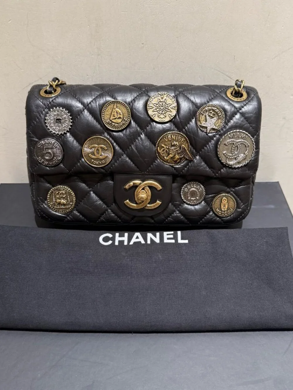 Chanel Classic Flap Medium World Tour Coin Badge Limited Edition Cruise Collecti